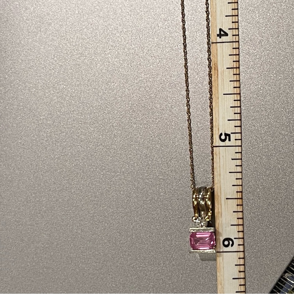 Pink sapphire, two tone, 14 karat gold modernist, diamond pendant - Picture 6 of 15